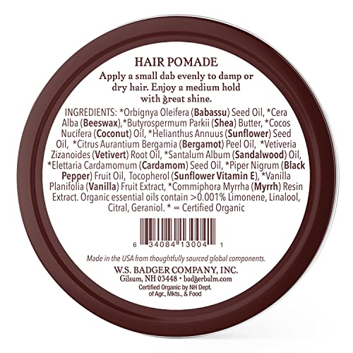 Badger - Помада за коса, овластена органска, средна држена коса Помада со одличен сјај, есенцијални масла, машка коса помада, 2oz