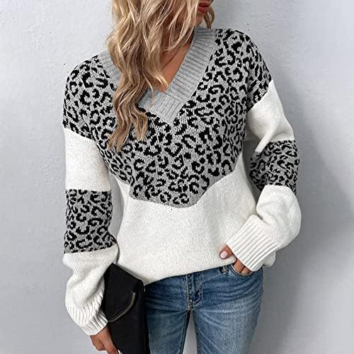 Ymosrh жени преголеми џемпери есен цврста боја крпеница леопард печати долг ракав пулвер плетен џемпер густ