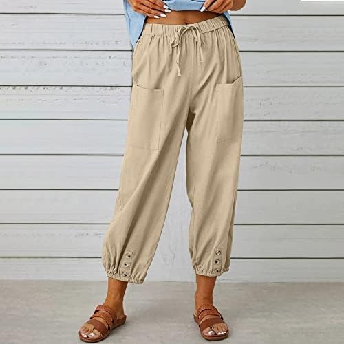 Памучни постелнини панталони за жени, влечење со високи половини со широки нозе, лабава вклопена во каприс удобни модни лаги панталони со џебови