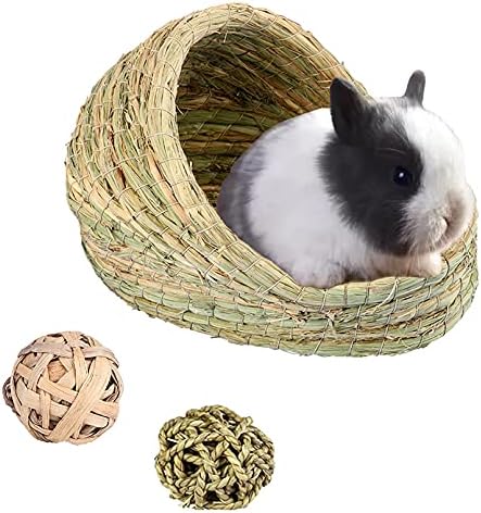 Хамиледии зајаче трева кревет, зајак ткаен сено кревет, мали миленичиња природна рачно изработена трева куќа со сено џвакање топки за чинчила