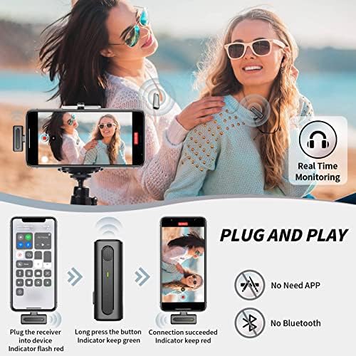 Leereel 2 пакет безжични лавалиерски микрофони за iPhone iPad, приклучок и играјте лап-клип-на мики со куќиште за полнење за интервју