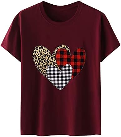 Симпатични кошули за тинејџерски девојки екипаж за кратки ракави за кратки ракави, женски палид три-срце, печатени маички лабави летни