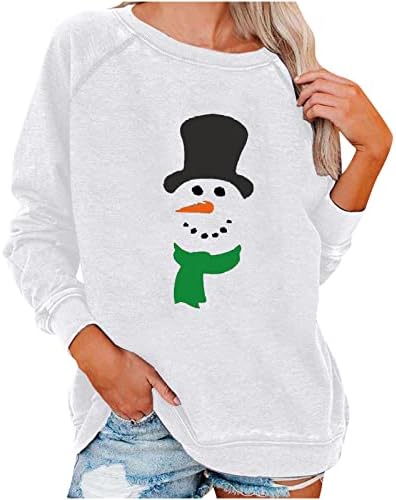 Женски Божиќни кошули мода 2023 година Нова Година екипаж со долги ракави џемпери силуета Снежен човек симпатичен џемпер блуза
