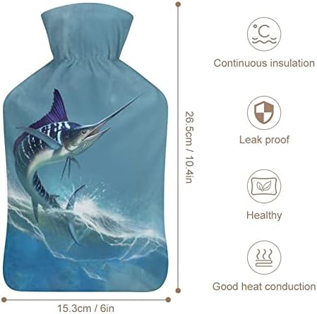 Шарена марлин на морско шише со топла вода со мека покривка 1L голема класична потопла торба за нозе на рамо на вратот на вратот