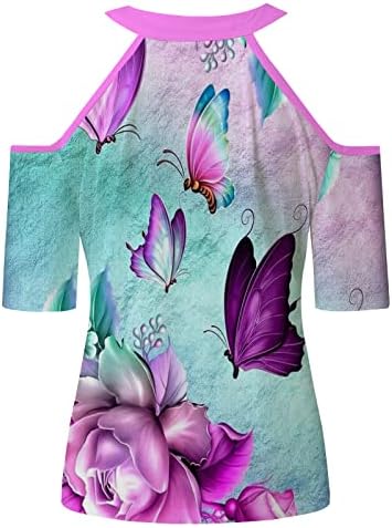 Градиент пеперутка цветни блузи жени со краток ракав ладно рамо v вратот спандекс топли нејасни блузи кошули дами