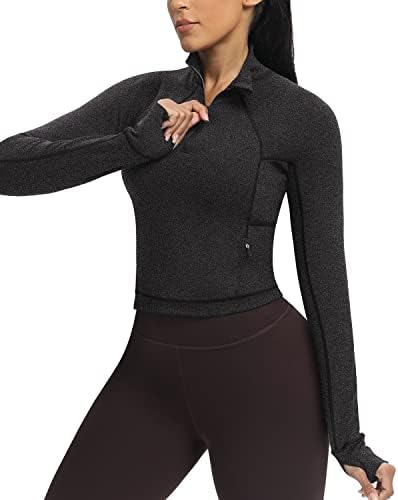 Gymенски виножито женски исечен тренингот jakcets половина зип пулвер џемпер за џемпери со долги ракави кошули за вежбање атлетски врвови
