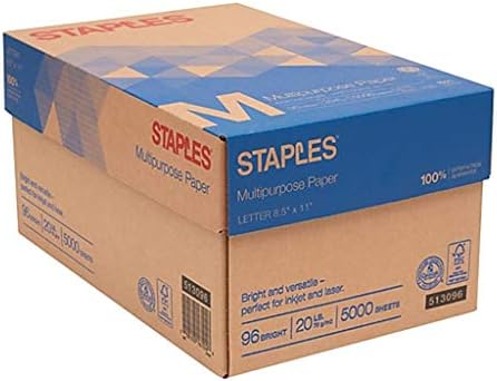 Стејплс повеќенаменски инк -џет и ласерска хартија, светло бело, 20 lb, 5000 листови/случај