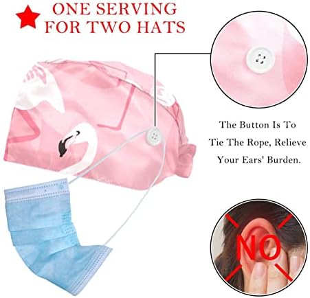 Чистење капачиња со копчиња за покривање на косата со капаци на турбани работни капачиња, медицинска сестра Клиника капа капа 2 парчиња, фламинго шема розова