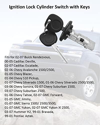 Прекинувач за цилиндри за заклучување на палење со копчињата погодни за Chevy Cadillac Buick GMC Hummer Pontiac & Bravada 1999-2007,
