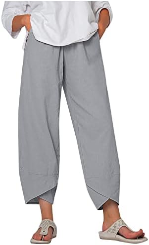 Панталони со Fireero Capris за жени со цврста боја памучна постелнина панталони летни удобни салон лабава широка нога исечени џебови