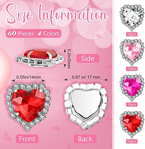 60 парчиња копчиња за срцеви ригини на срцеви за нокти за шиење дијаманти за шиење стакло за стакло за венчавки за свадбени работи за изработка