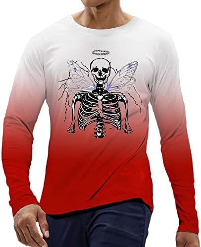 XXBR машки маици за Ноќта на вештерките со долги ракави за печатење на череп, градиент на кошула КТ, мускулатура, тенок фит партиски екипаж, вратот