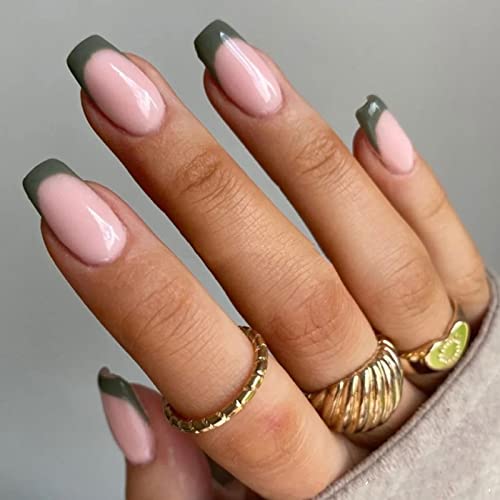 Вемало притиснете на ноктите кратки француски печат на лажни нокти темно зелени лажни нокти едноставни нокти за жени 24 парчиња