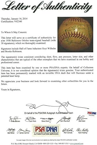 1958 година Ориолес 30х тим потпиша бејзбол ПСА/ДНК Лоа Брукс Робинсон и Хојт Вилхелм - Автограмски бејзбол