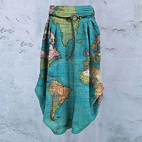 Омбут женски памучни постелнина здолништа Макси фустан Глобална мапа печатена обична лабава асиметрична пом