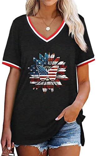 Памук маица Девојки кратки ракави против вратот Американско знаме Графички случајно африканско лабаво вклопено врвно маичка за жени