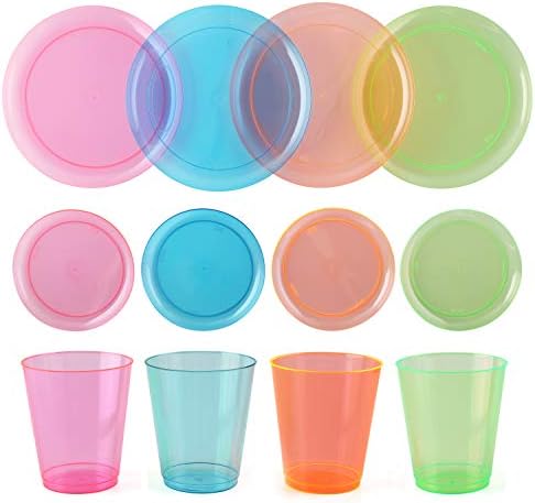 За еднократна употреба неонски партии- плочи + чаши сет | 40 пакет | Избрани неонски бои, пластични партии што служат материјали за закуски,