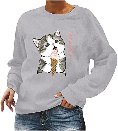 GA Weihua Симпатични џемпери за жени преголеми животински мачки печатење со долги ракави екипаж, пулвер туничен врвови кошула пад на