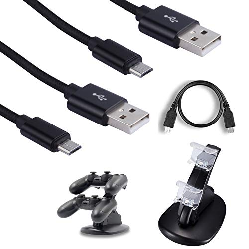 Полнач за контролор PS4 со 2 кабли за полнење, PlayStation 4 / PS4 Slim Controller Controller Poct Stand Stand Stand со двојни микро