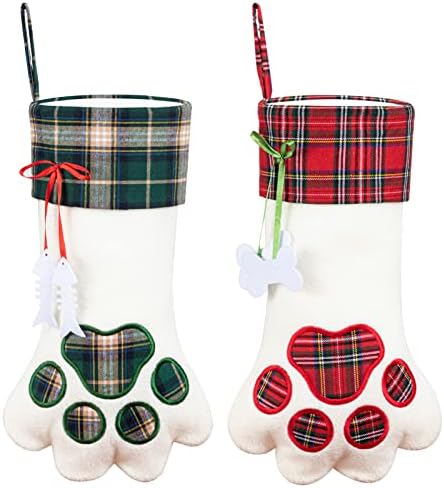 Habibee Божиќни чорапи сет од 2, 18 инчи со голема големина Бафало карирано карично куче Божиќни чорапи за соба за украси кучиња и мачки шепа дизајн