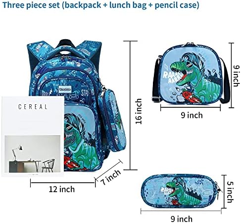 Wawakube 3 парчиња момчиња Диносаурус ранец поставен со кутија за молив за ручек, торба за училишни книги за деца основно предучилишно училиште