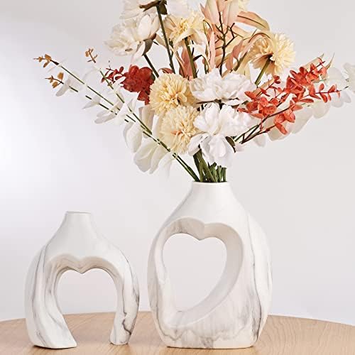 Мермер вазна, керамички вазен сет од 2, срцеви вазни за цвеќиња, в Valentубени срцеви декор, срцеви вазни за декор, бохо вази за