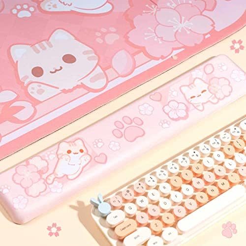 Belugadesign Sakura Cat Desk Pad | NS Switch тастатура за лаптоп за игри со лаптоп, голем душек со глувци | Пастел розов каваи,