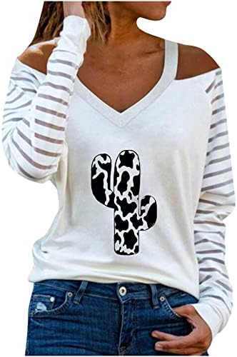 Есен лето, тинејџерски девојки ладно рамо со долги ракави памук против вратот графички лабава маичка за блуза за жени 36