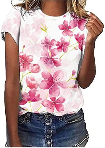 Womenените кратки ракави врвови летни цветни печатени печатени туники врвови на екипажот лабав вклопуваат маици облечени дневни секојдневни