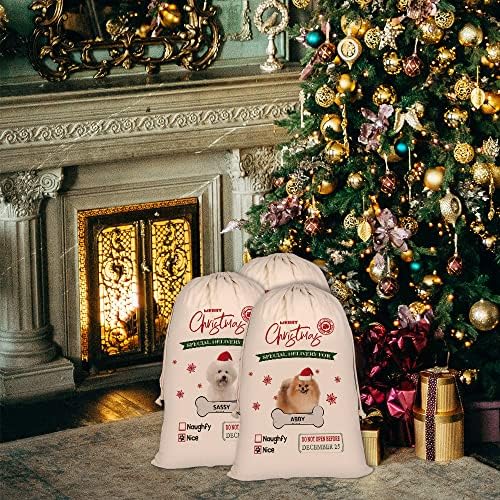 Bageyou персонализирано куче Санта вреќи Симпатична торба Питбул Дедо Мраз за Божиќен Божиќ подарок со памучна постелнина 12 x15