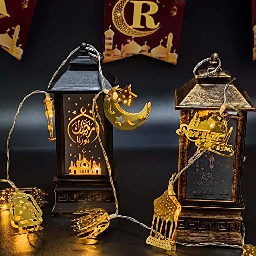 Златни светла 2 пакувања 20 LED злато Рамазан Еид Мубарак Декорации starвезда Месечина Фенер светла за декор во соба, симпатични светла за