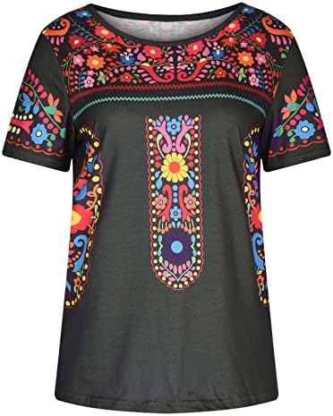 Западните Кошули За Жени Гроздобер Лабава Фитинг Блузи Ацтеките Етнички Краток Ракав Летни Блузи Врвот Повик Мода Маичка