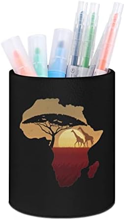 Африкански сафари жирафа Пу кожни моливи за моливи на тркалезна чаша со контејнери за контејнери за канцеларија за канцелариски дом