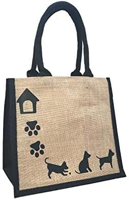 Burlap Средна печатена торба за ручек за куќиште за куќиште за куќи со црна рачка црна трим шепа кучиња печатење 10,63 11,81 x 6,69
