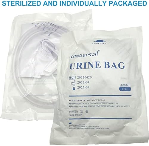 Глобална уринарна торба за дренажа со анти-рефлуксна комора, торба за урина со волумен од 2000 ml, 48 дренажна цевка, клипови и висина кука, професионална