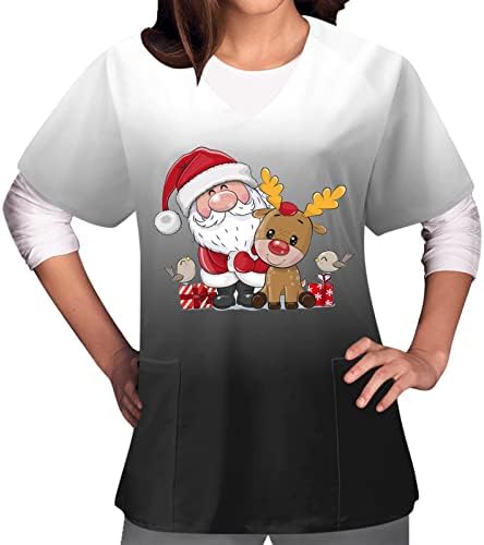 Слатки Божиќни чистачи врвови жени кратки ракави против вратот за работа на вратот празници градиент Дедо Клаус печатење џеб џебни кошула кошула