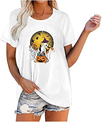 Ноќта на вештерките маица жени симпатична скелет графички врвови од тиква од тиква тимови, обични кошули за одмор со краток