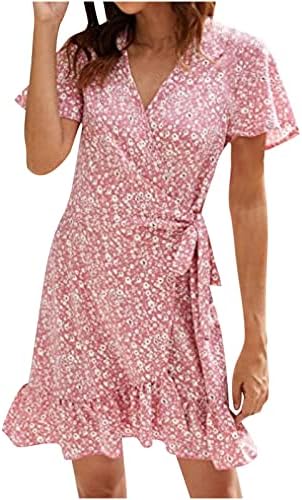 ЛМДУДАН летен шифон фустан за женски кратки ракави за завиткување фустан со цветни печатени половини вратоврска со V-вратот на меди миди
