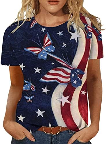 4-ти јули маица женски кошули со американски знамиња кратки ракави екипаж на САД, Ден на независност на патриотски блуза со блуза