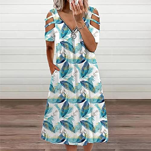 Fragarn женски Sundress, женска обична мода лабава v-врата од патент за печатење шуплив фустан со кратки ракави со кратки ракави