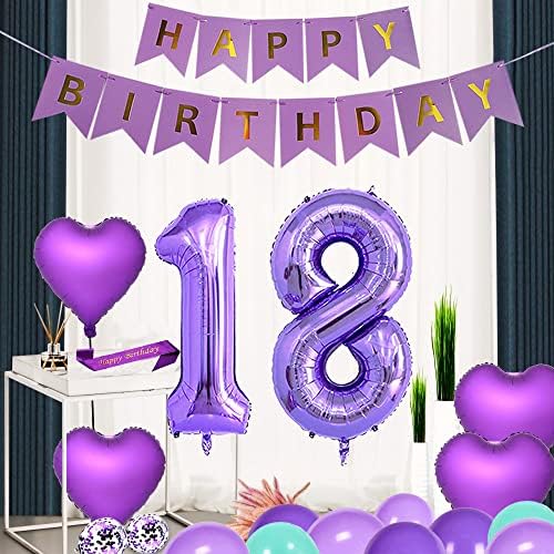 Виолетова 18 -та роденденска забава Декорации испорачува Виолетова тема среќен роденден саш 40inch балони со фолија број 18 балони на