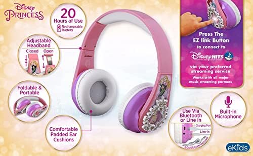 Слушалки за Bluetooth Bluetooth Disney Princess со EZ Link, безжични слушалки со микрофон и кабел, деца слушалки за училиште, дом или