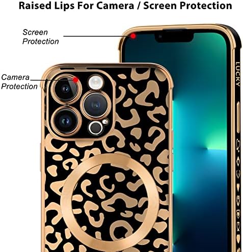 Тарлет Магнетни Случај за iPhone 13 Pro Max [Компатибилен Со Magsafe] Леопард Печатење Дизајн Луксузни галванизиран Четири Агол Заштита Покритие
