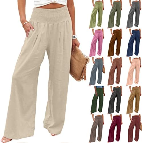 Женски високи половини еластични панталони со широки нозе, обични палацо пукнати панталони со џебови, удобни јога, проточни џемпери