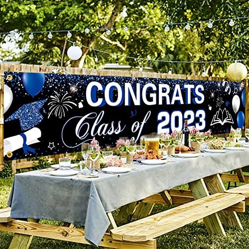 Декорации за дипломирање Класа од 2023 година Дипломирање Банер Големи сини честитки Сидин Банер на отворено дипломирање во дворот за дипломирање,
