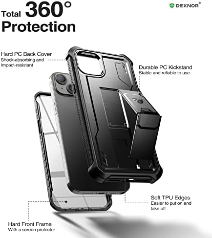 Dexnor целосна кутија на телото за iPhone 14 Plus/6,7 инчи, [изградено во заштитник на екранот и Kickstand] Тешка воена оценка