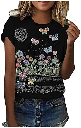 Женски врвови летни обични ламји печатени маички со маички со кратки ракави маици со тркала од вратот, маичка со блуза, маичка Туника