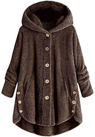 Женски есенски палта плус големина на копчето плишани врвови со капи, лабава кардиганска волна палто Зимски јакна палчиња за надворешна облека