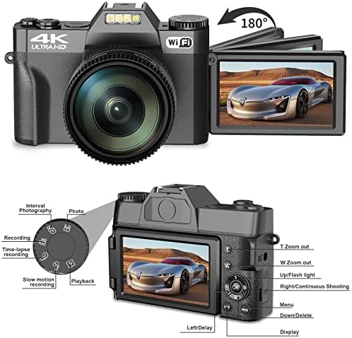 Дигитални фотоапарати за фотографија, 4K 48MP камера за влошката камера 16x Дигитален зум со прирачник за фокусирање на фокус