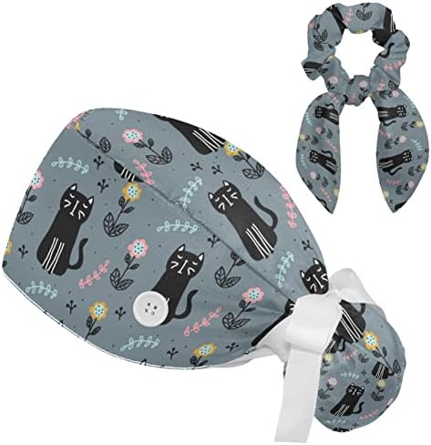 Bouffant Scrub Chats со копчиња џемпери и хируршки капачиња за коса за жени, симпатична розова мачка лента за ленти